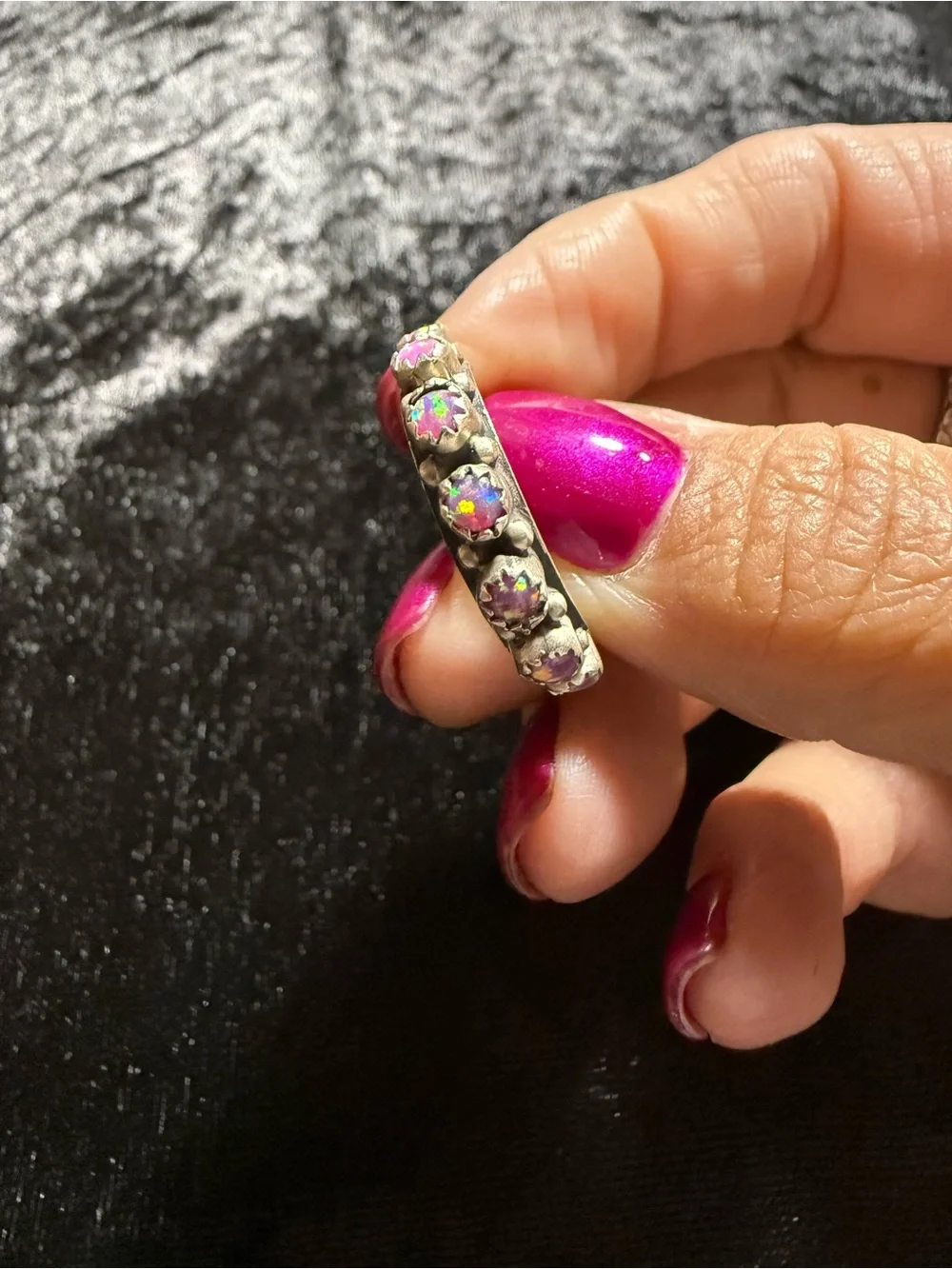 Sterling Silver Pink Opal Half Eternity Band Ring